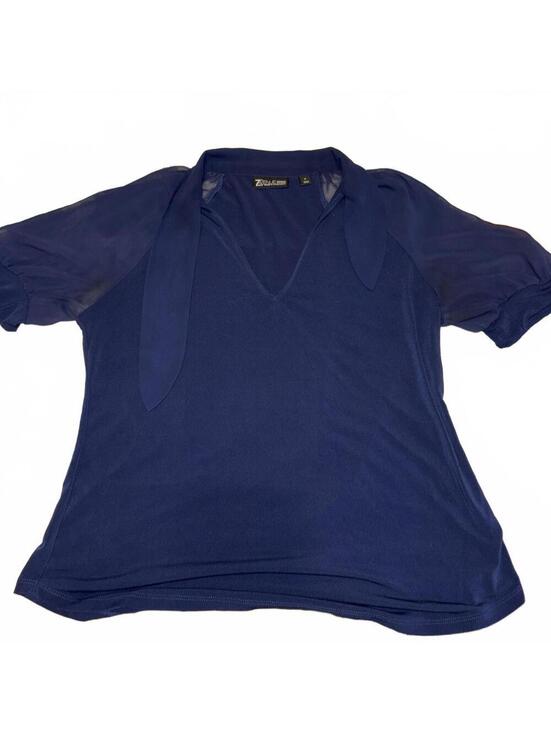Tops - 7th Avenue New York & Company Womans Med Navy Blue Knit Blouse with Sheer Sleeve